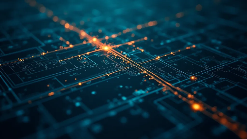 A dark technical blueprint with illuminated routes converging at a single bright junction