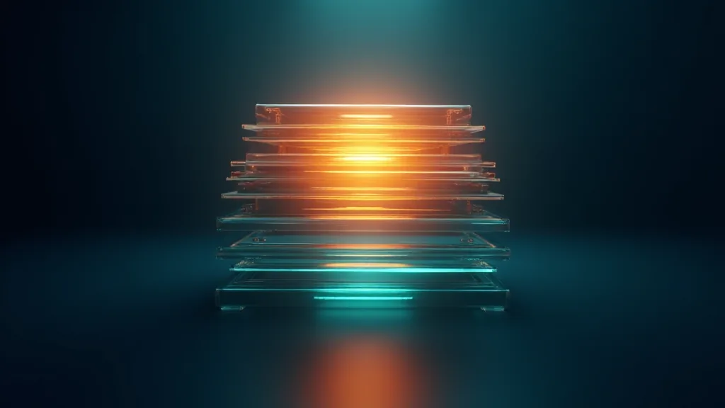 Stacked translucent panels lit from within, ascending toward a bright horizon — published work compounding into audience